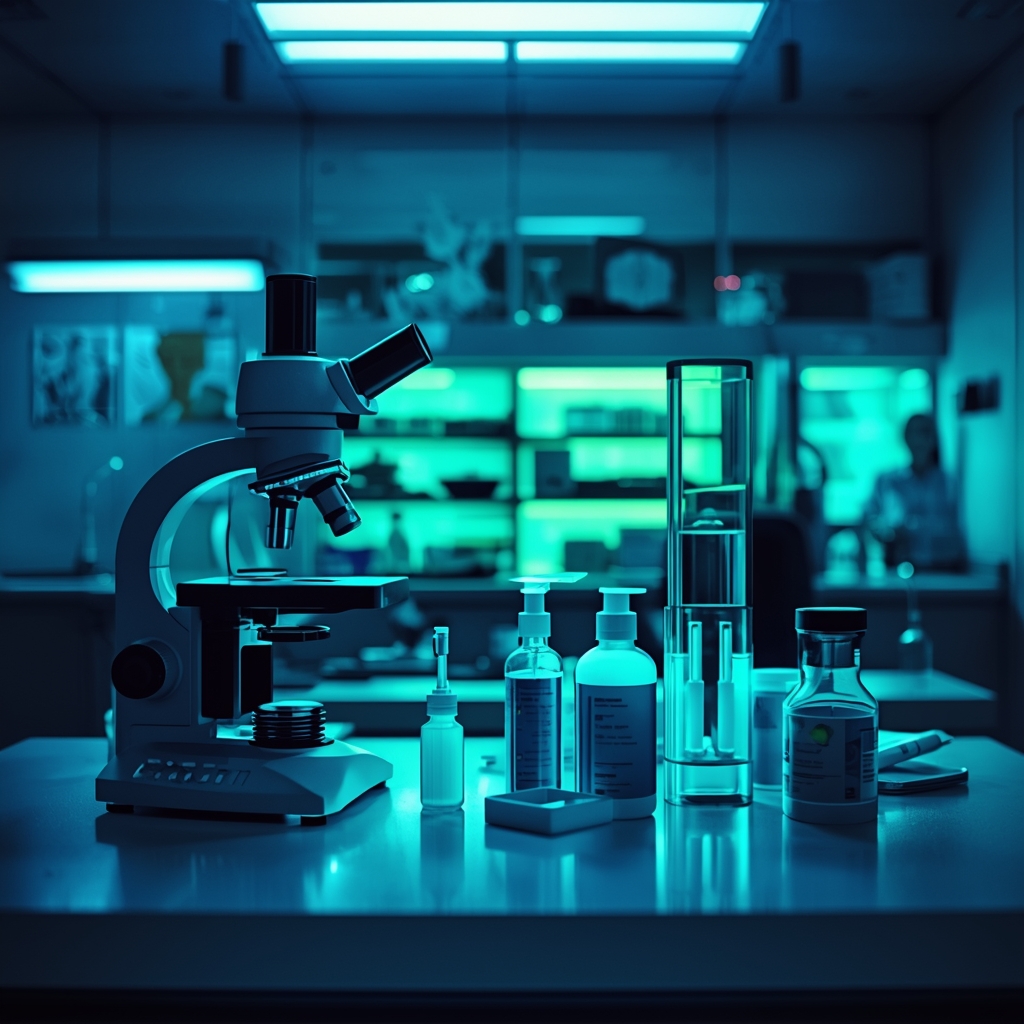 modern medical laboratory with microscope and equipment, blue and green lighting, highly detailed --no woman